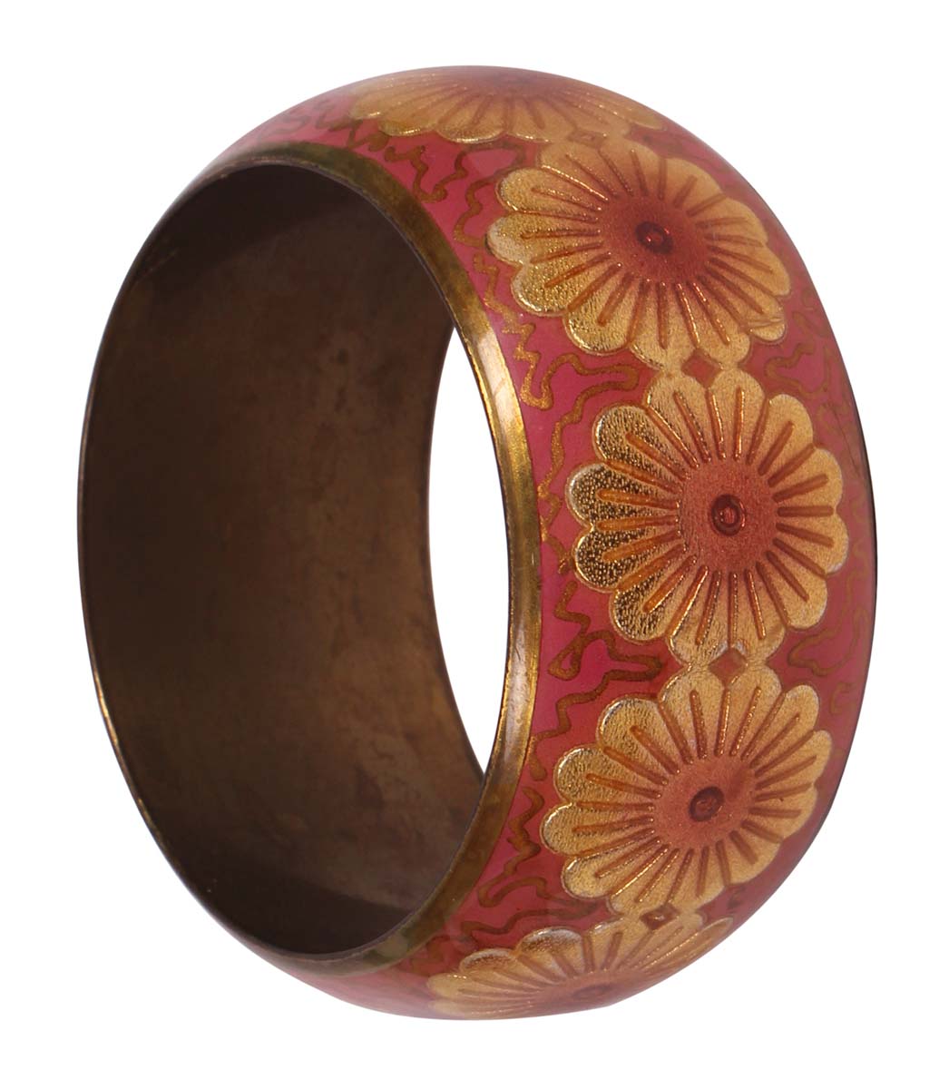 Round Broad Bangle - Floral Motifs - Pink & Golden Exteriors - Dull Golden Finish Interiors - Handmade in Brass & Iron - Fashion Accessories - Unique Metal Jewelry - Buy in Bulk Wholesale
